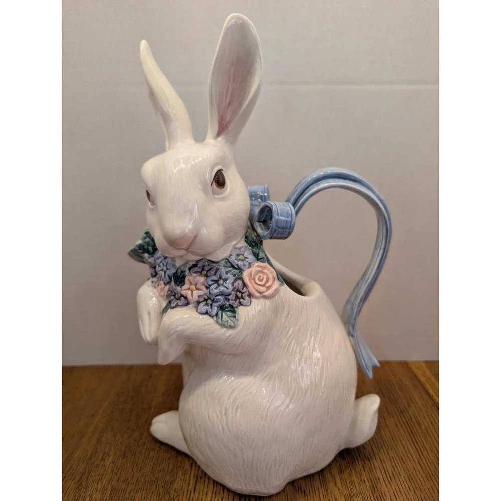 Fitz and Floyd Flora Ceramic Rabbit 1qt Pitcher 1993 Blue Bow Handle